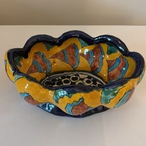 Mexican Talavera style Pottery Bowl trinket dish Made in Mexico blue yellow
